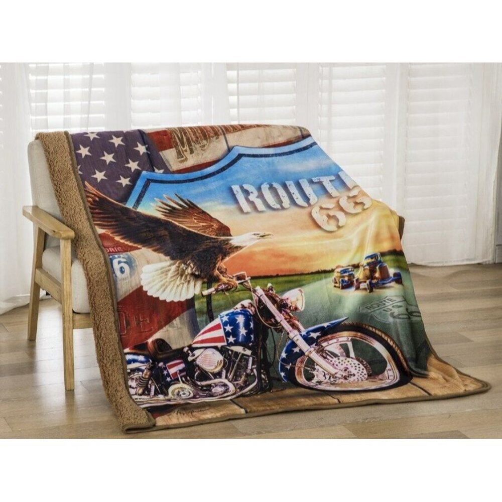 New Route 66 Sherpa Plush Throw Gift Blanket Eagle Motorcycle US Flag Shield NIP